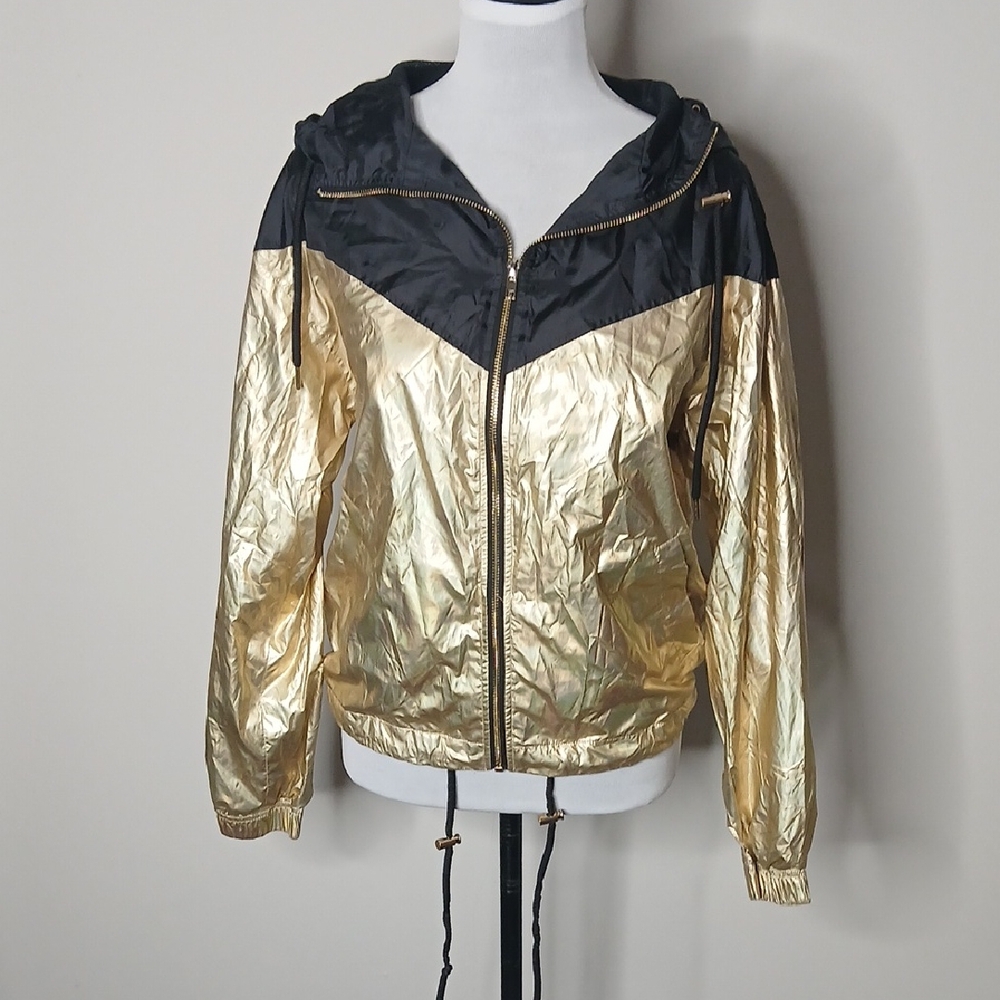 Forever 21 Gold And Black Zip Up Windbreaker Size Small